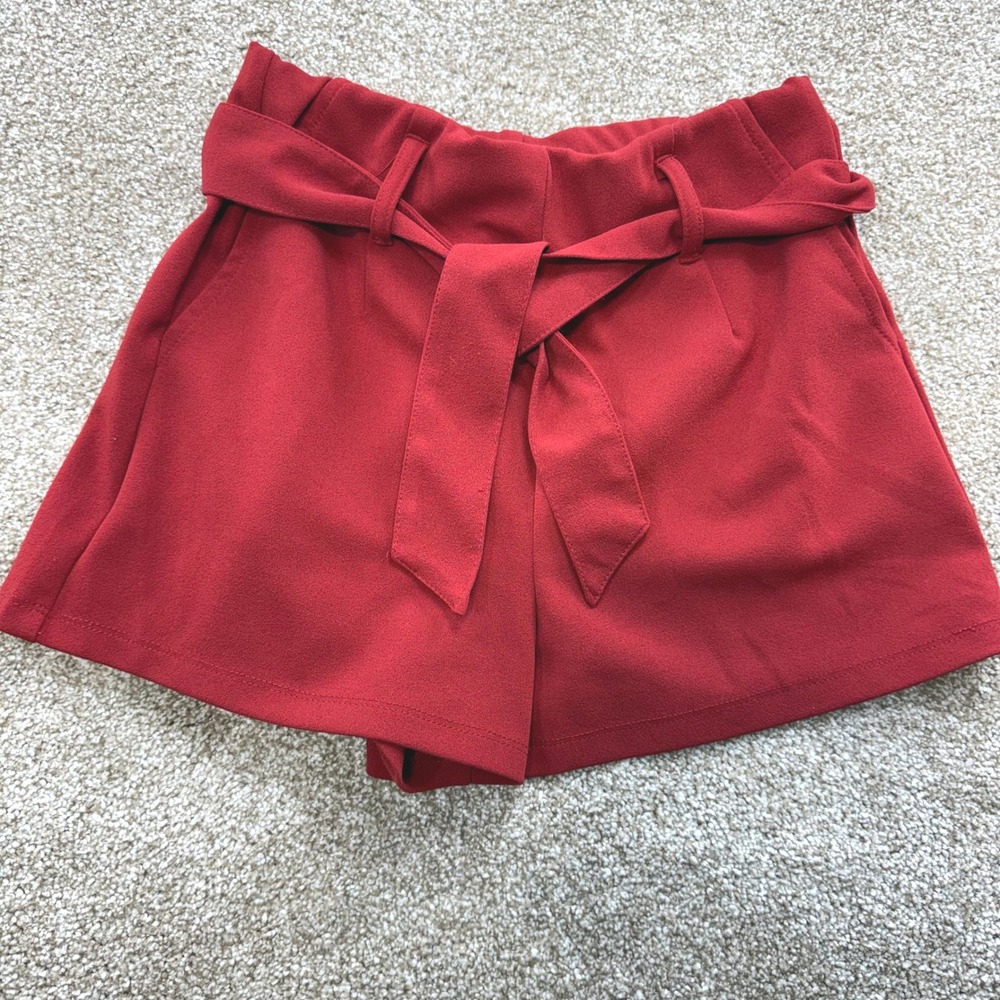 Forever 21 Womens Red Paperbag Waist Tie Front Shorts Small Stretch Party Casual